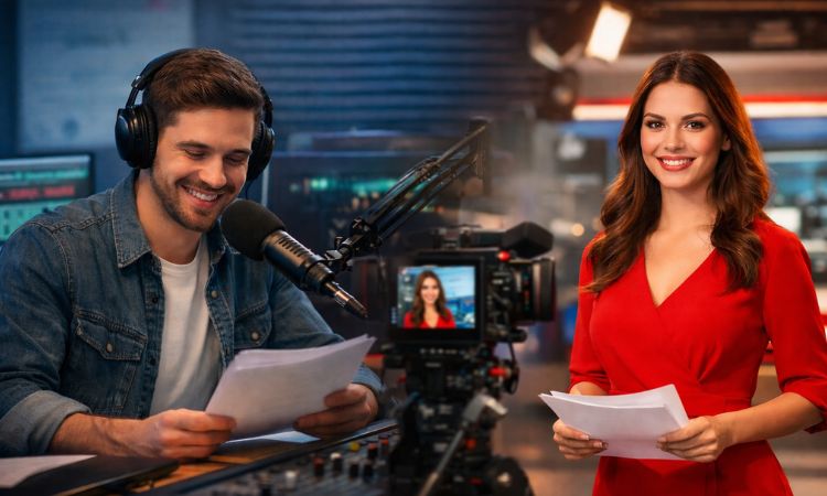 Profesionales de radio y televisión trabajando con la voz, representando la locución profesional.